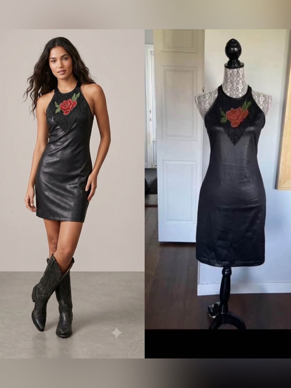 Stunning Vintage Rose Beaded Bib Neckline Halter Dress Large Western Cowgirl